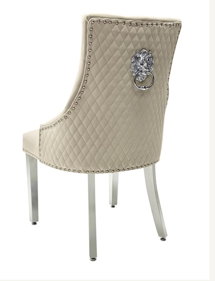 London Marble Dining Table White With Majestic Mink Chairs Lion Knocker