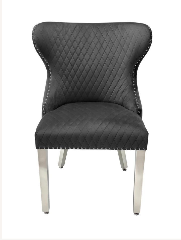 1.3M White Round Marble Dining Table With 4 Valentino Dark Grey Lion Knocker Chairs