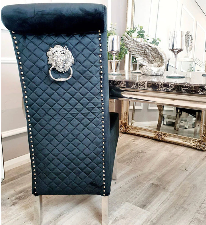 Louis Black Marble Dining Table With Black Sofia Chairs With Lion Knocker