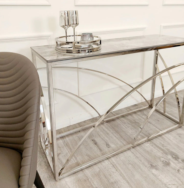 Stella Chrome Console Table with Stomach Ash Grey Sintered Top