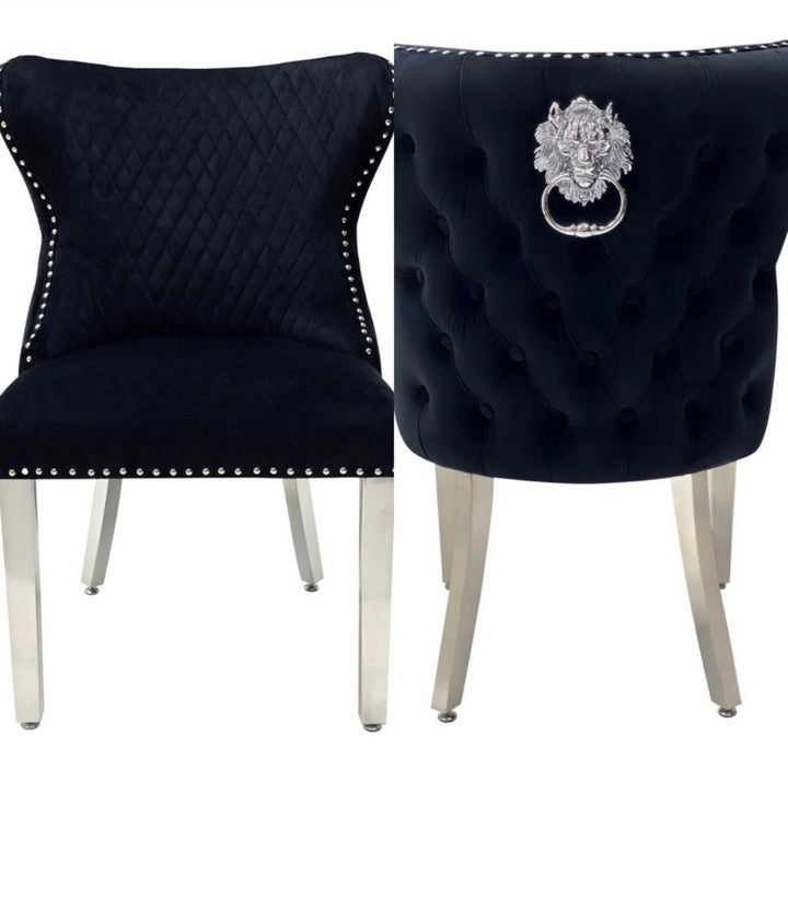 Arriana Light Grey Table With Valentino Silver Lion Knocker Chairs