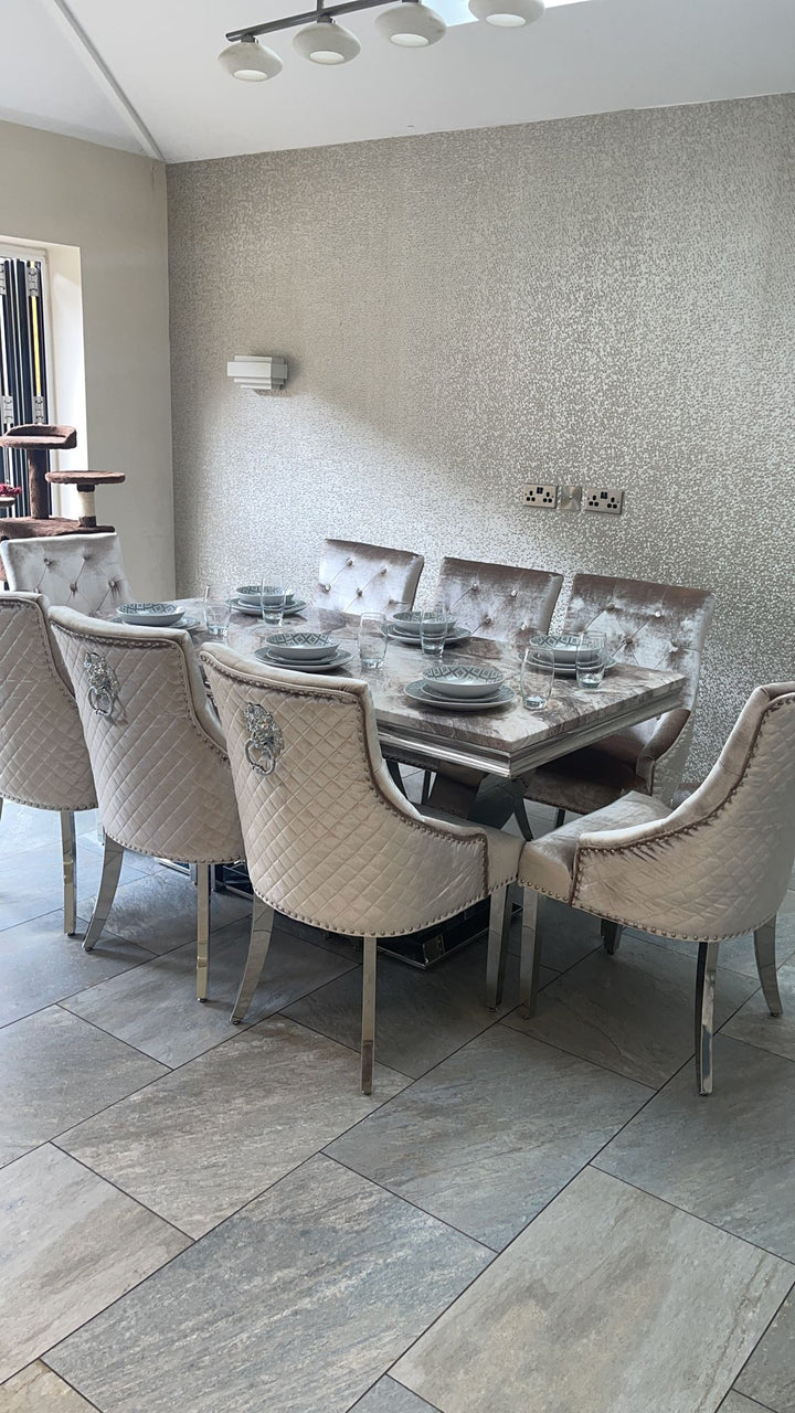 London Marble Dining Table Biege With Bentley Beige Lion Knocker Chairs