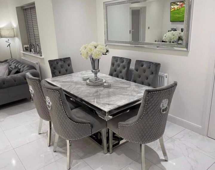 London Marble Dining Table With Majestic Dark Grey Lion Knocker Chairs