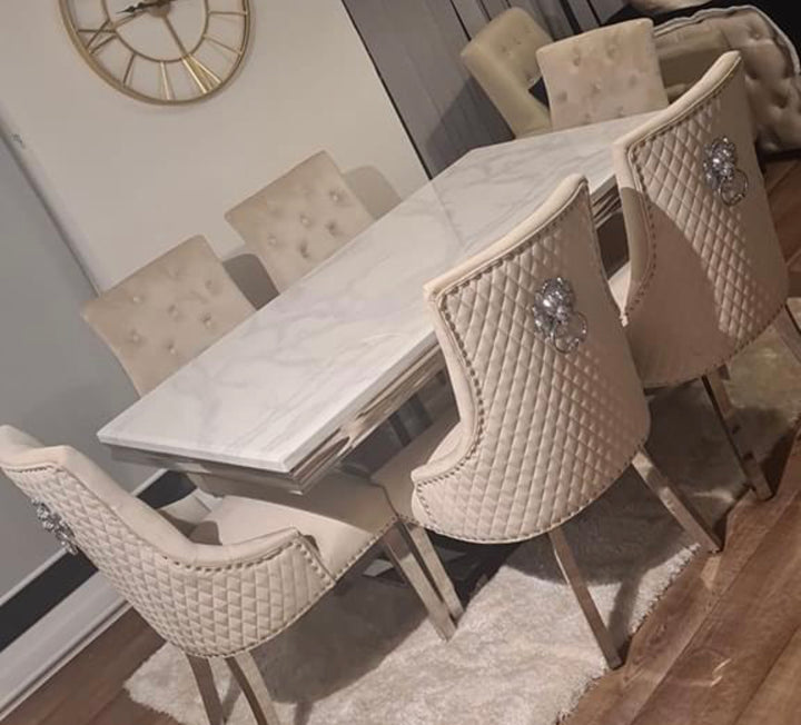 London Marble Dining Table White With Majestic Mink Chairs Lion Knocker