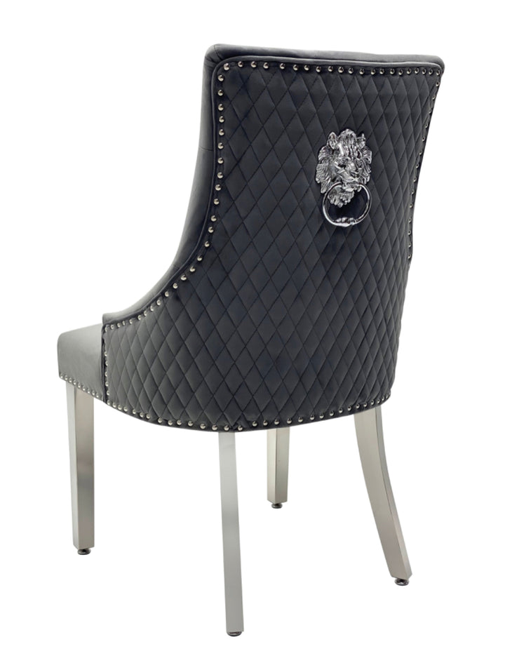 Ariel Marble Dining Table Light Grey  With Majestic Dark Grey Lion Knocker Chairs