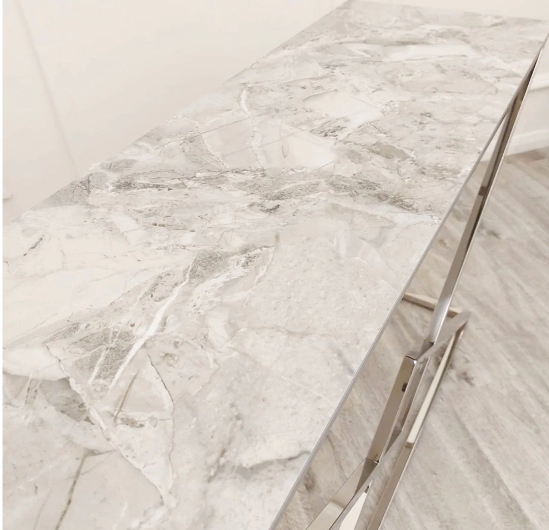 Vesta Chrome Console Table with Stomach Ash Sintered Stone Top