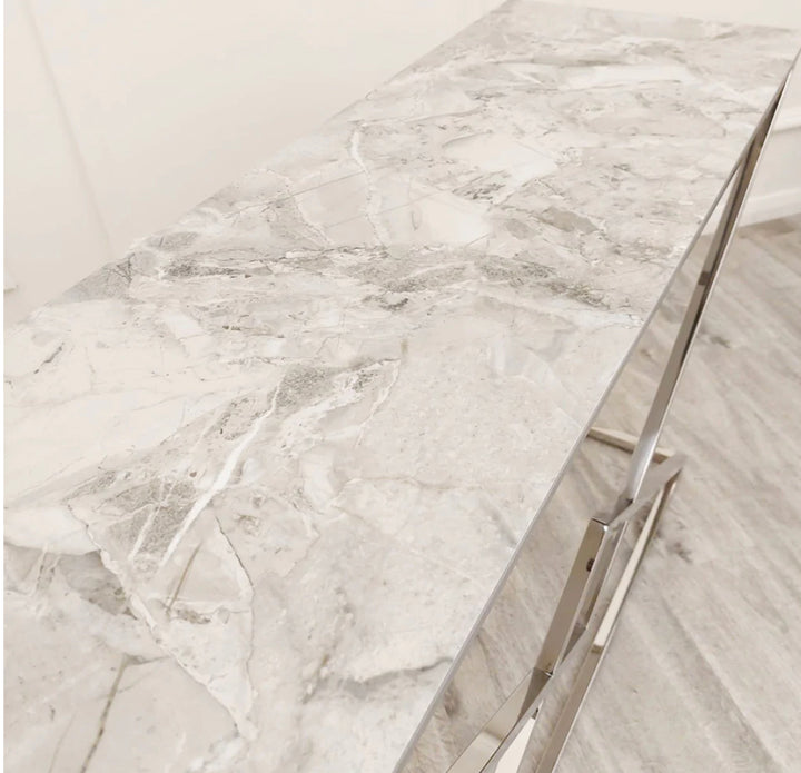 Vesta Chrome Console Table with Stomach Ash Sintered Stone Top