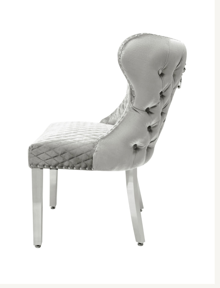 1.3M White Round Marble Dining Table With 4 Valentino Dark Grey Lion Knocker Chairs