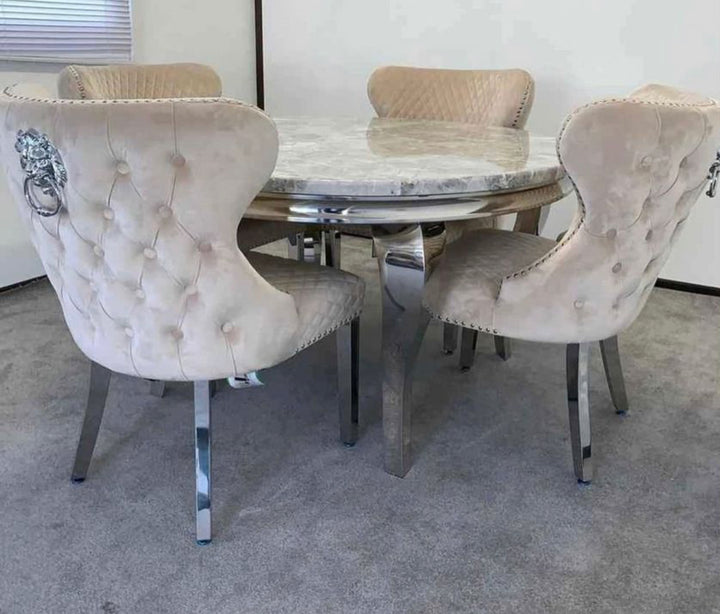 Louis Round Marble Dining Table + Mink Valentino Lion Knocker Chairs