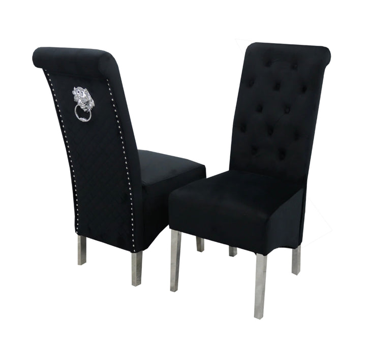 Louis Black Marble Dining Table With Black Sofia Chairs With Lion Knocker