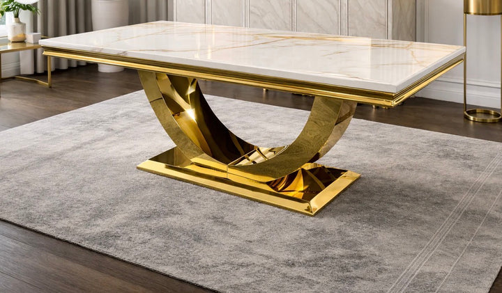 180cm & 200cm London Gold Marble Dining Table White & Gold with Chelmsford Mink & Gold Dining Chairs | Luxury Dining Set UK