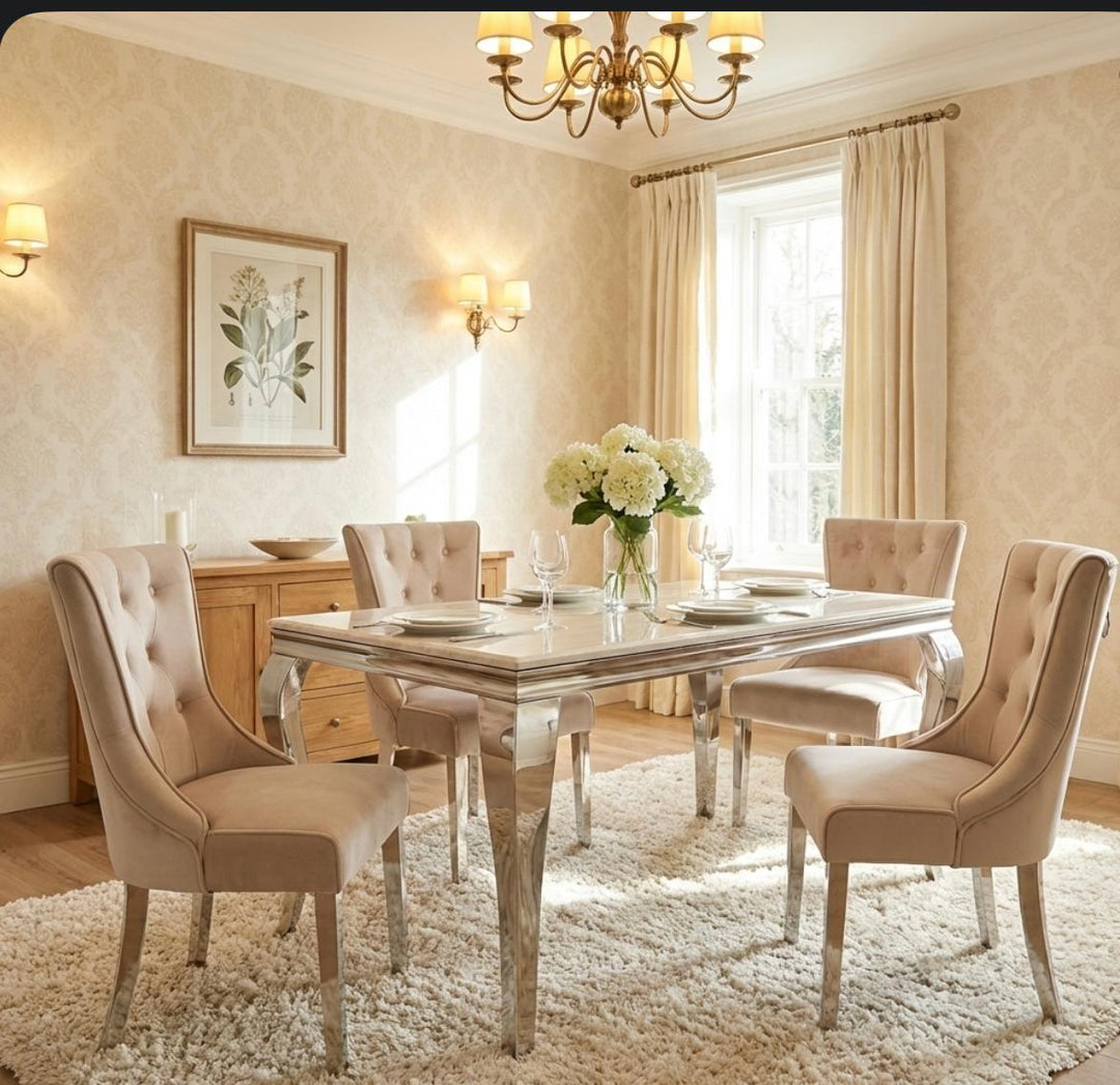 Louise Marble Dining Set - Madrid Mink Dining Chairs