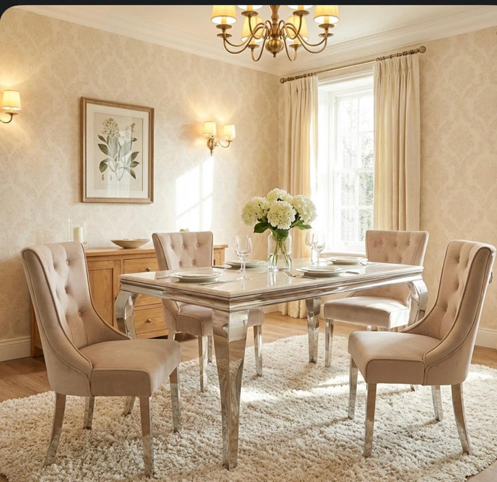 Louise Marble Dining Set - Madrid Mink Dining Chairs