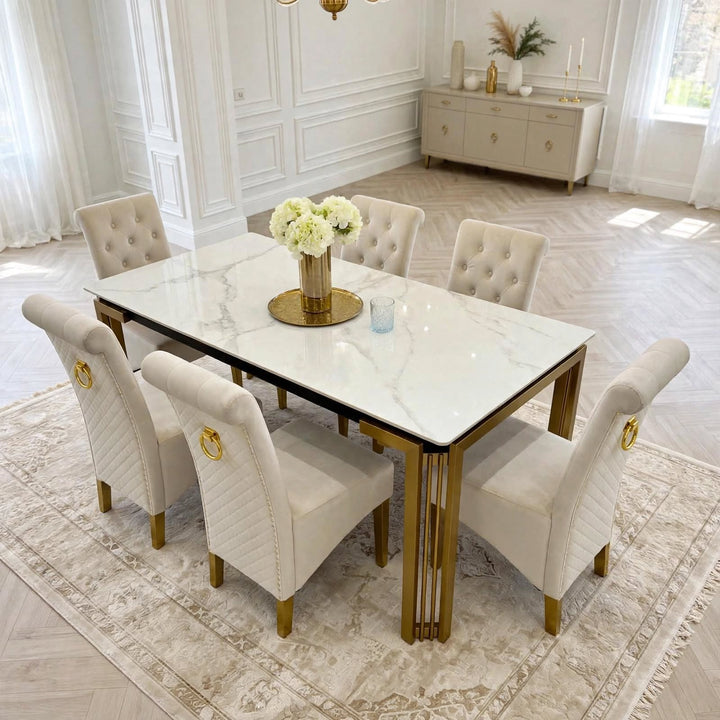 Sorrento White & Gold Marble Dining Table with Sofia Cream & Gold Velvet Dining Chairs