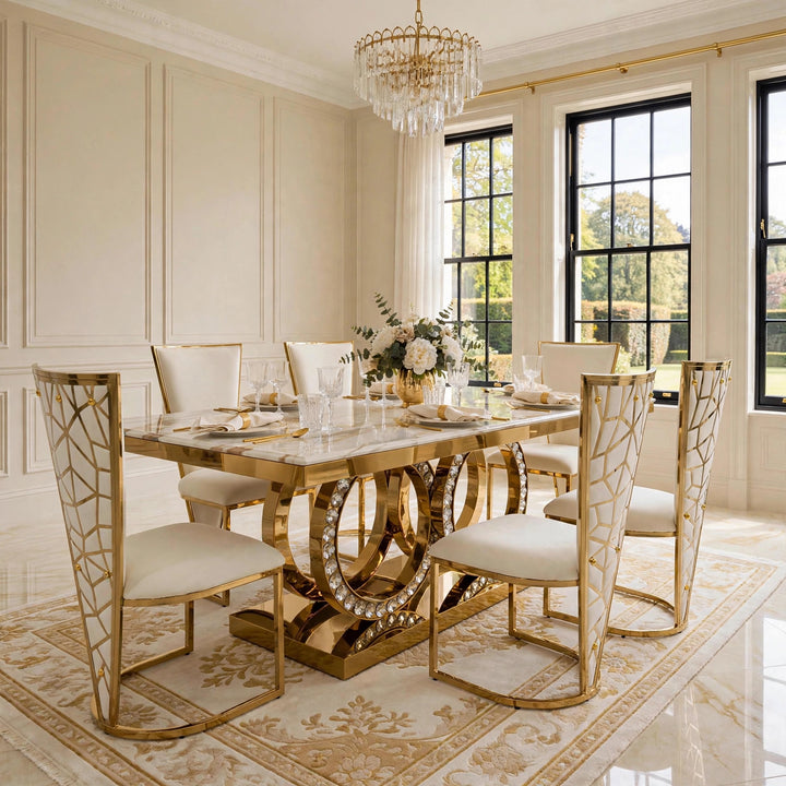180cm Crystal Black & Gold Dining Table, Rose Black & Gold Chairs, Gold Dining Set UK