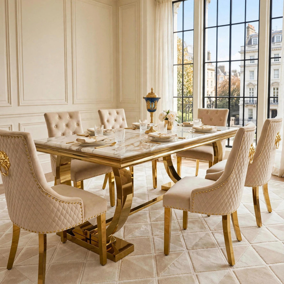 Arianna White & Gold Marble Dining Table With Mink & Gold Velvet Lion Knocker Chair- 4,6 or 8 Seater