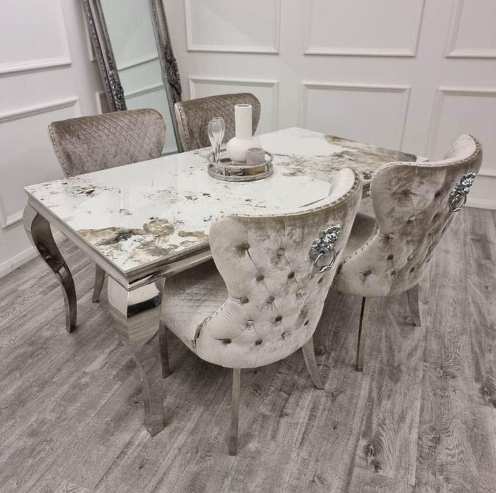 Louis Marble Dining Table + Valentino Dining Chairs Lion Knocker