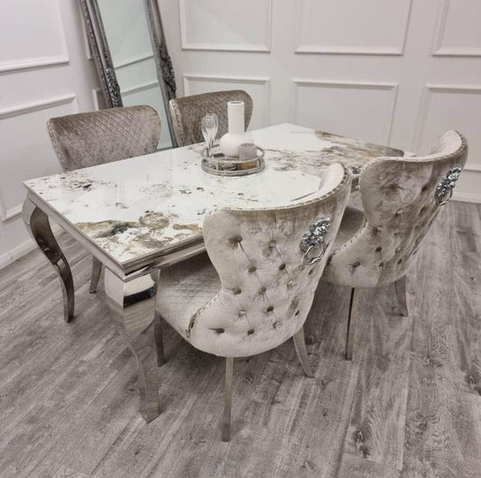 Louis Pandora Marble Dining Table + Valentino Dining Chairs Lion Knocker