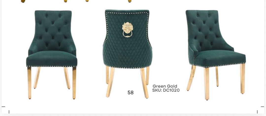 Louise Gold Marble Dining Table with Majestic Green & Gold Dining Chairs – Luxury 6 Seater Dining Set