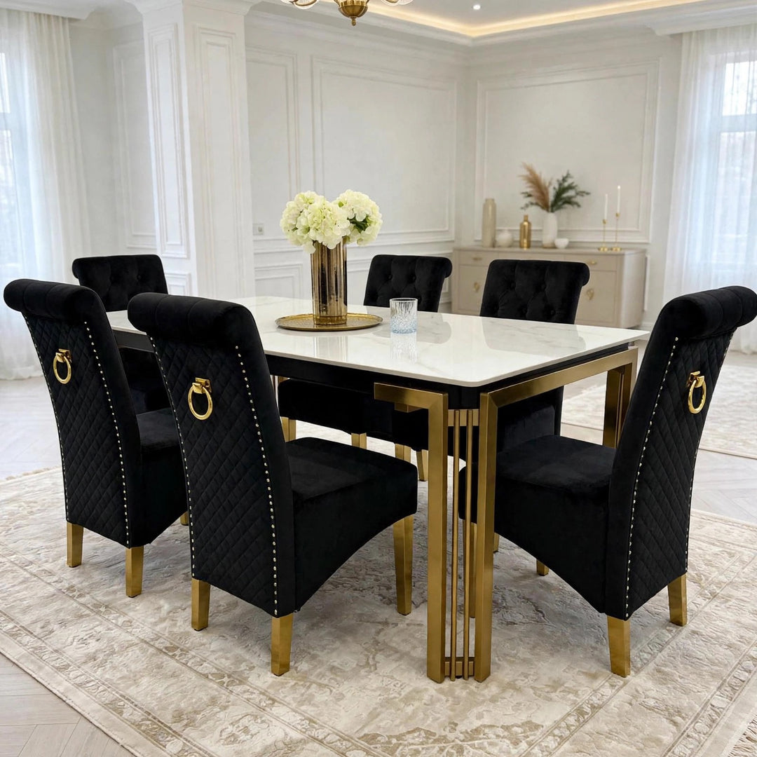Sorrento White & Gold Marble Dining Table with Sofia Black & Gold Velvet Dining Chairs