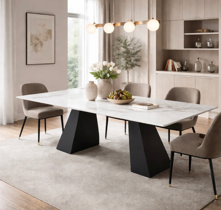 Roma White Marble Ceramic Extending Dining Table | 170-220cm | Black Metal Legs