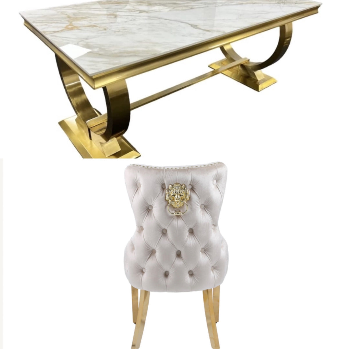 2M Chealse Gold table with 6 Victoria Cream and Gold chairs lion knocker