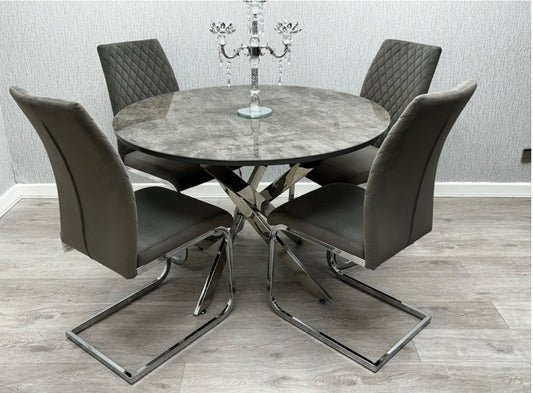 Round Dining Set Tokyo Table & 4 Dark Grey Chairs Grey Stone Effect Glass Table Top