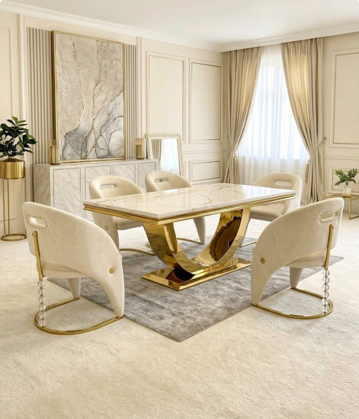 London Gold Marble Dining Table Set with California Cream & Gold Dining Chairs | Luxury UK Dining Furniture