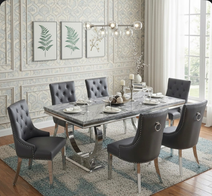Arianna Grey Marble Dining Table with Dark Grey PU Leather Dining Chairs Ring Knocker– Modern Luxury Dining Set