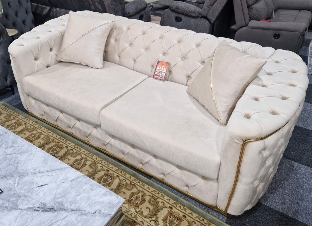 Paris Cream Velvet Sofa Set with Gold Legs – Luxury 3 Seater & 2 Seater Living Room Sofa UK