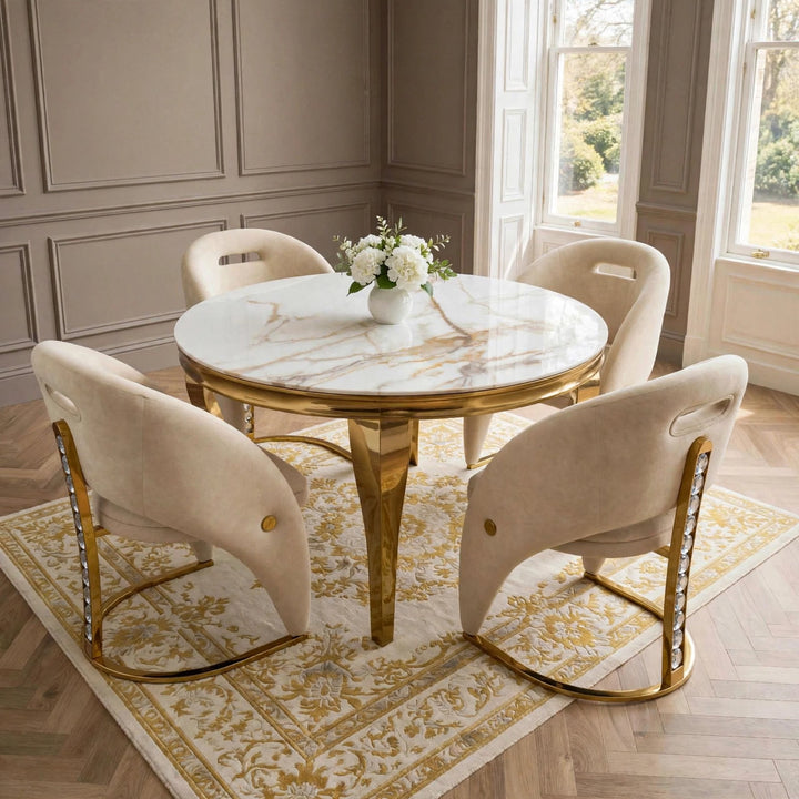 110cm White & Gold Marble Dining Table with 4 Crystal Velvet Chairs – Round 4 Seater