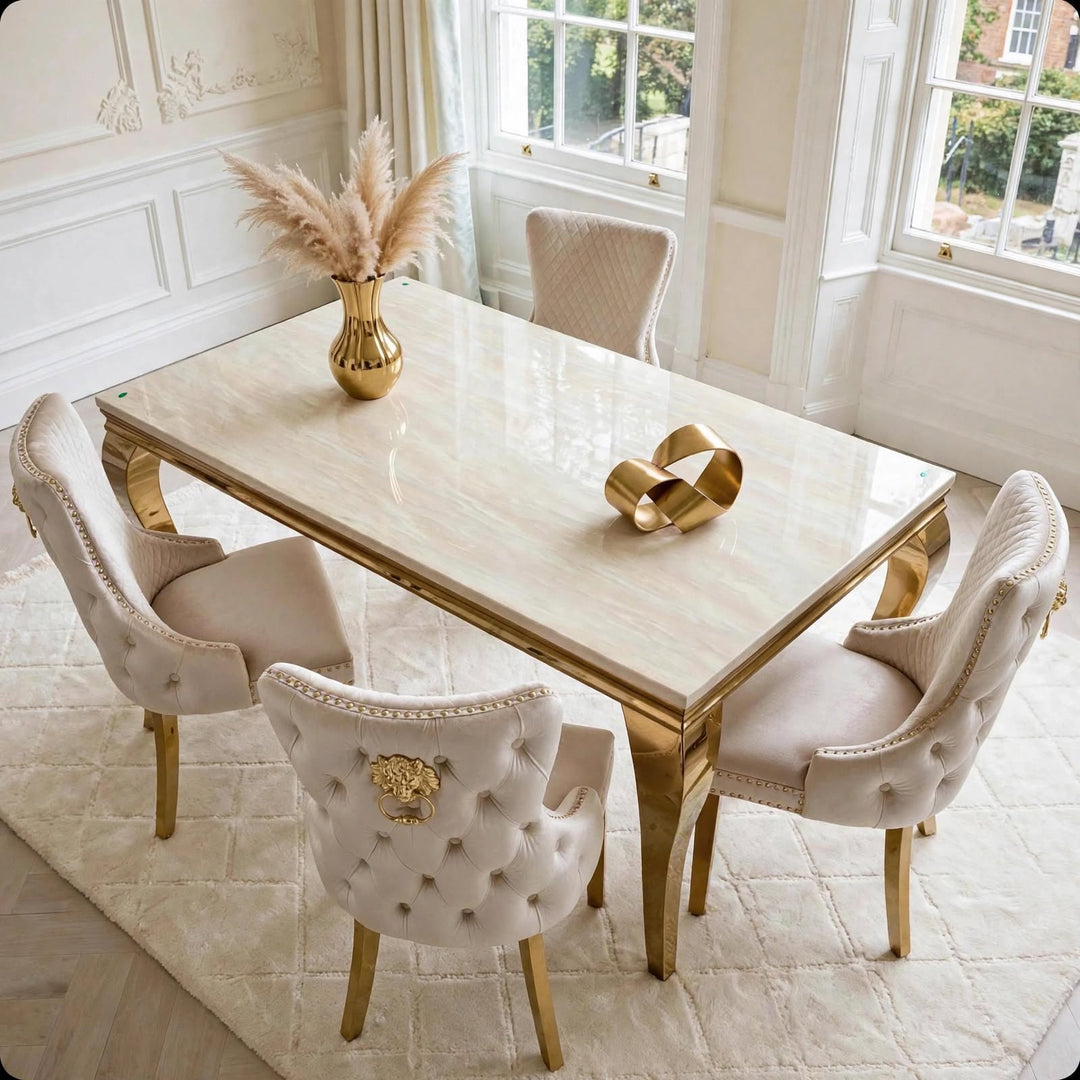 Louise Cream And Gold Marble Dining Table + Victoria Gold Dining Chairs Cream & Gold Lion Knocker