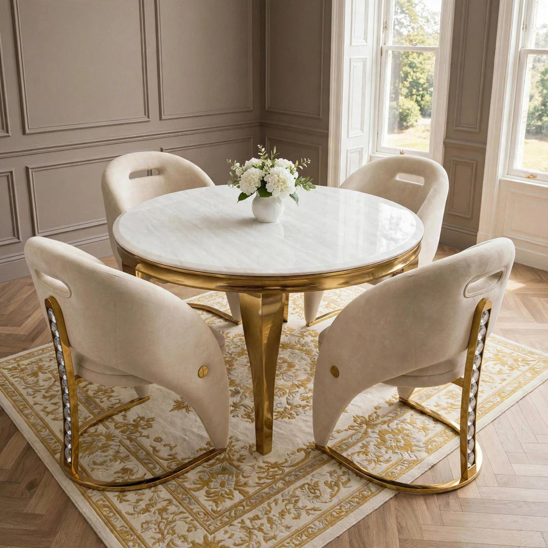 110cm Cream & Gold Marble Dining Table with 4 Crystal Velvet Chairs – Round 4 Seater