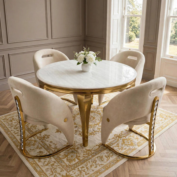 110cm Cream & Gold Marble Dining Table with 4 Crystal Velvet Chairs – Round 4 Seater