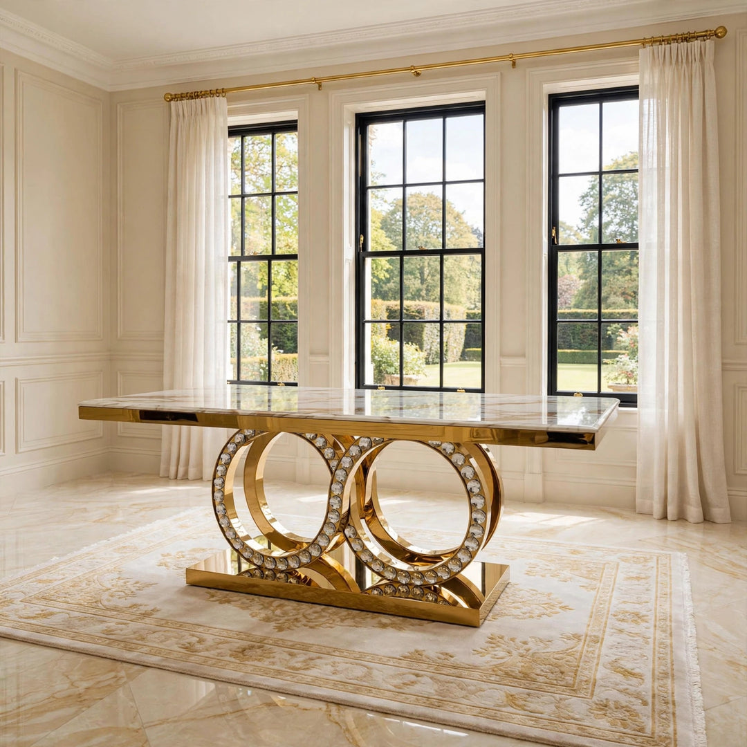 160cm Crystal White & Gold Dining Table, Rose Cream & Gold Chairs, Gold Dining Set UK.