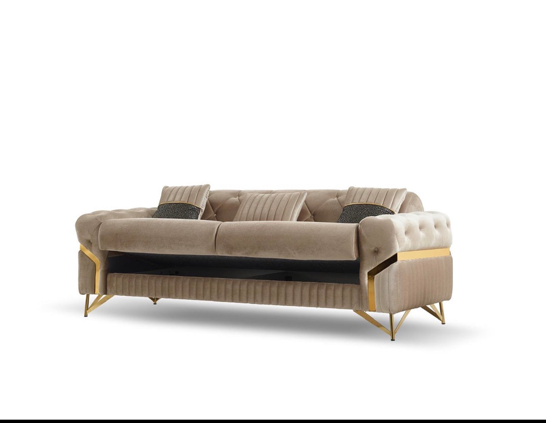 Marbela Mink & Gold Turkish Sofa Bed Set – 3 Seater Sofa Bed & 2 Seater – Luxury Fabric Sofa – UK Living Room Furniture