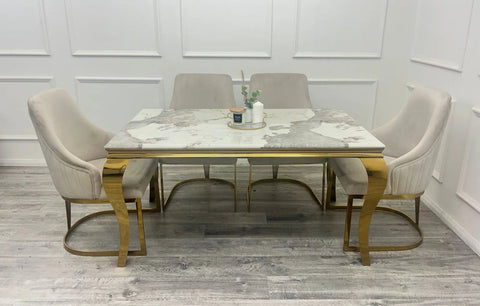 Louise Gold Marble Dining Table + Chelmsford Cream And Gold Dining Chairs