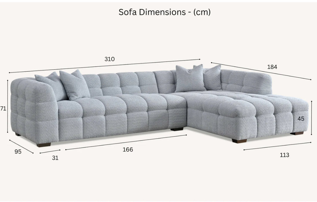 Gray sectional sofa with dimensions labeled on a white background