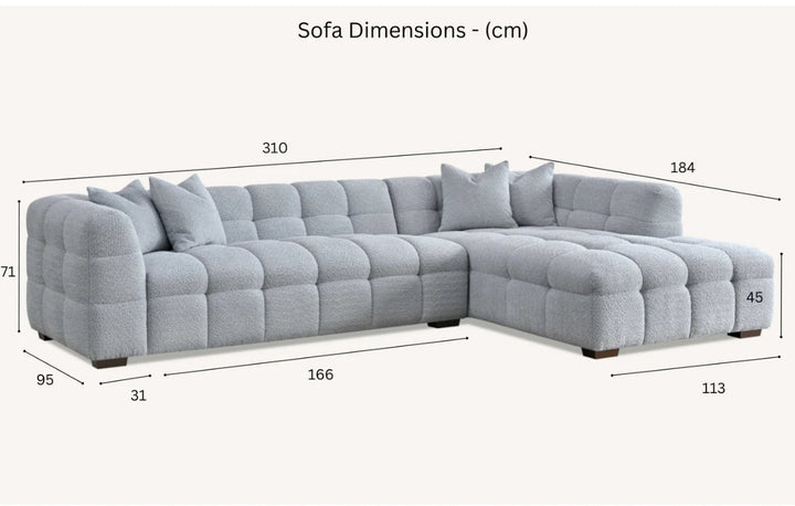 Gray sectional sofa with dimensions labeled on a white background