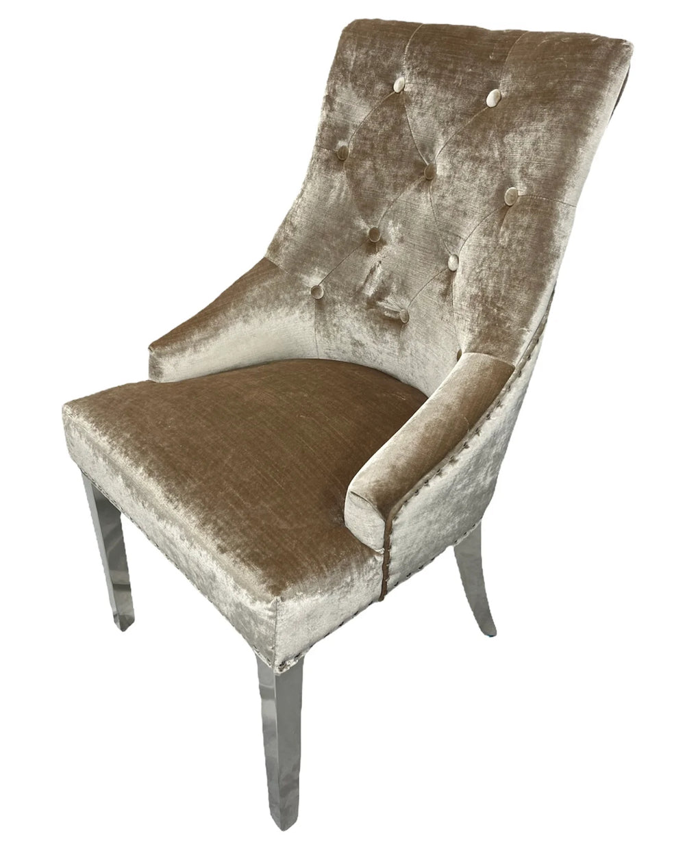 Decorative chair with brown velvet upholstery on a white background