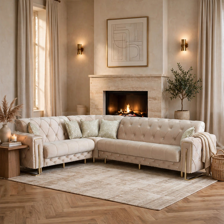 Luxury Sophire Turkish Velvet Sofa Cream and Gold Corner with Storage