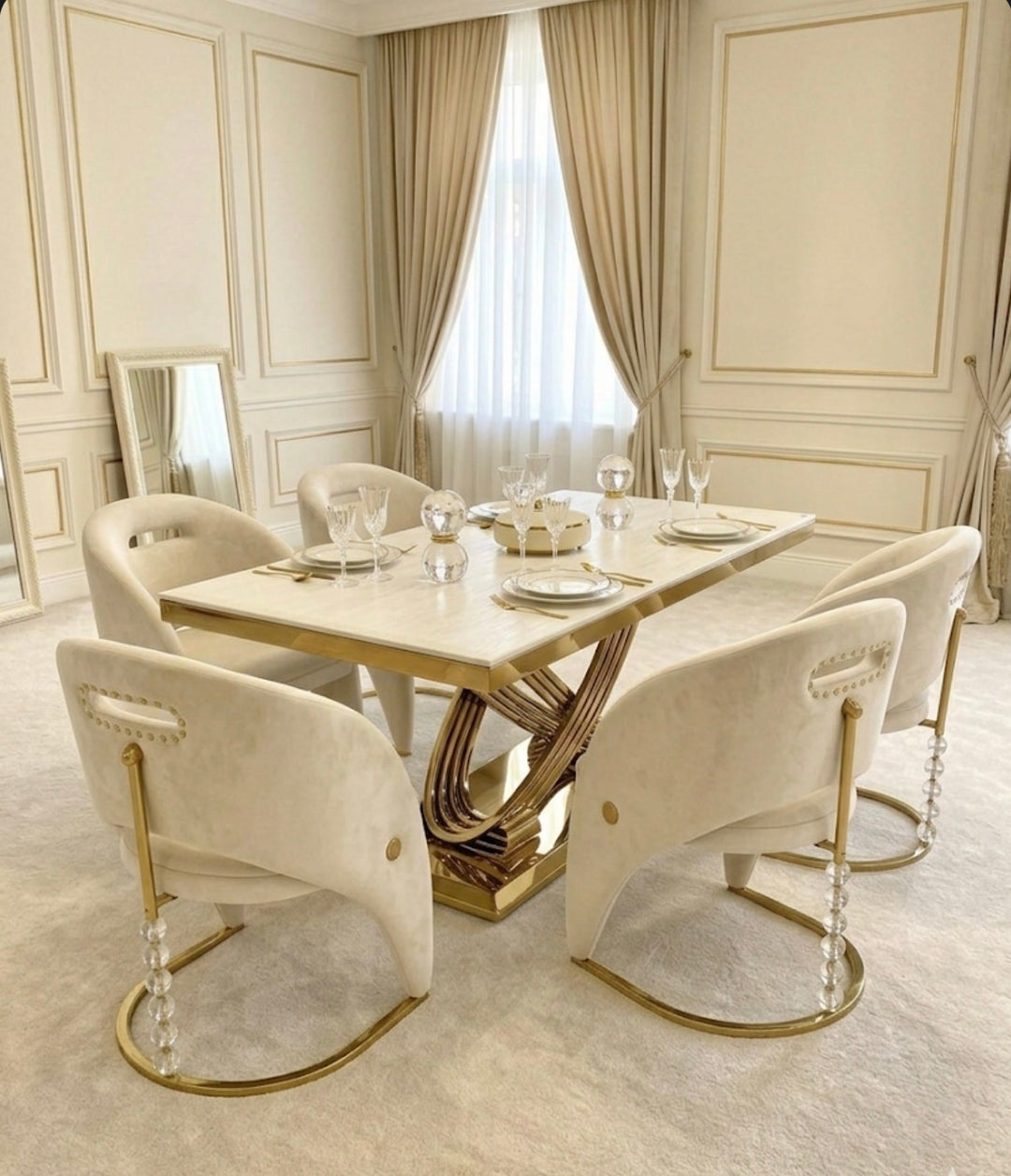Rose Cream Gold Marble Dining Table Set with California Cream & Gold Dining Chairs | Luxury UK Dining Furniture
