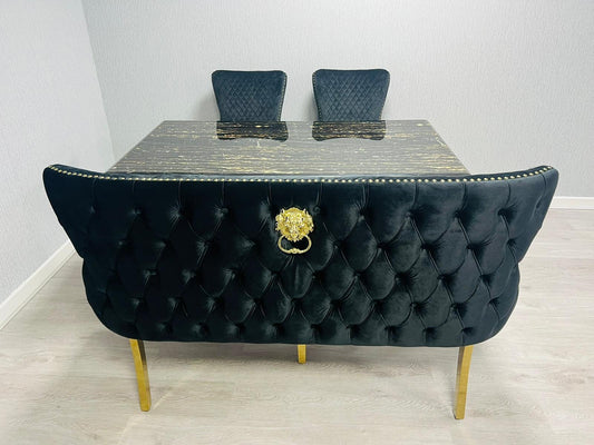 Sofia Marble Dining Table Black And Gold With Victoria Black and Gold Bench And Victoria Black And Gold Lion Knocker Chairs