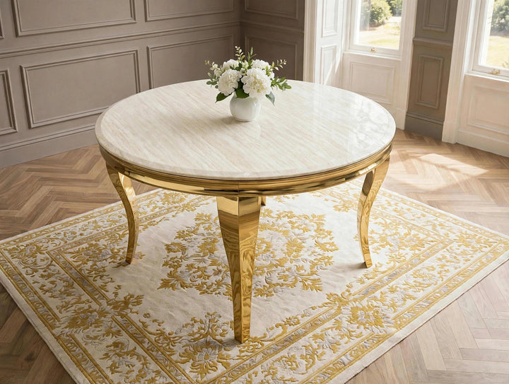 110cm Round Marble Dining Table Cream & Gold – Modern Luxury 4 Seater Kitchen Table