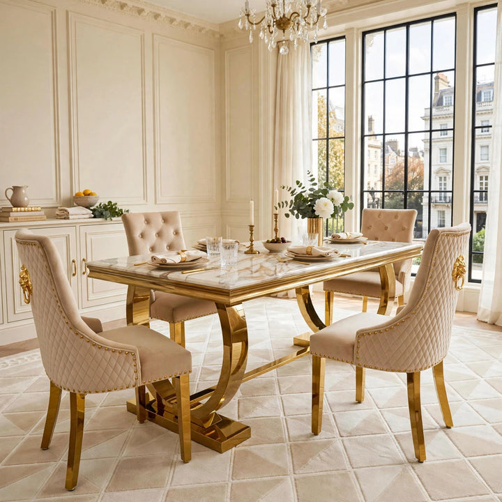 Arianna White & Gold Marble Dining Table With Mink & Gold Velvet Lion Knocker Chair- 4,6 or 8 Seater