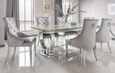 Ariana Marble Dining Table Light Grey + Jessica Dining Chairs Ring knocker Light Grey