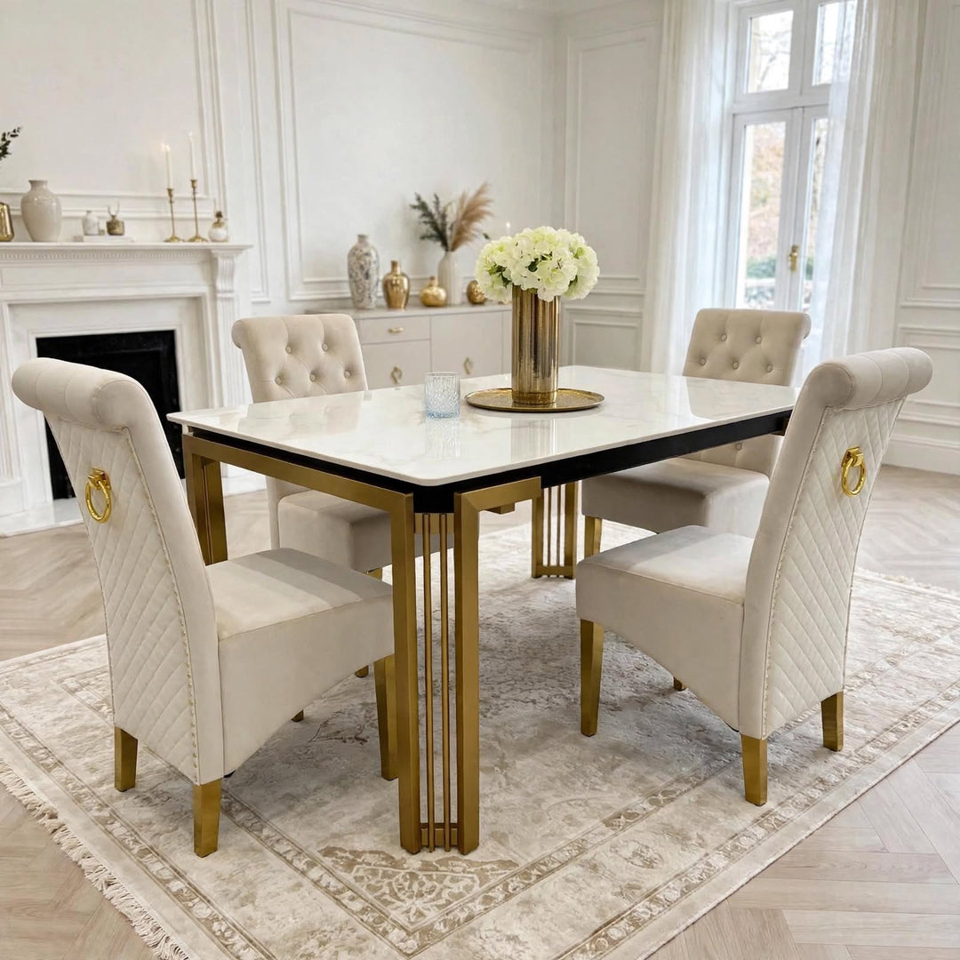 Sorrento White & Gold Marble Dining Table with Sofia Cream & Gold Velvet Dining Chairs
