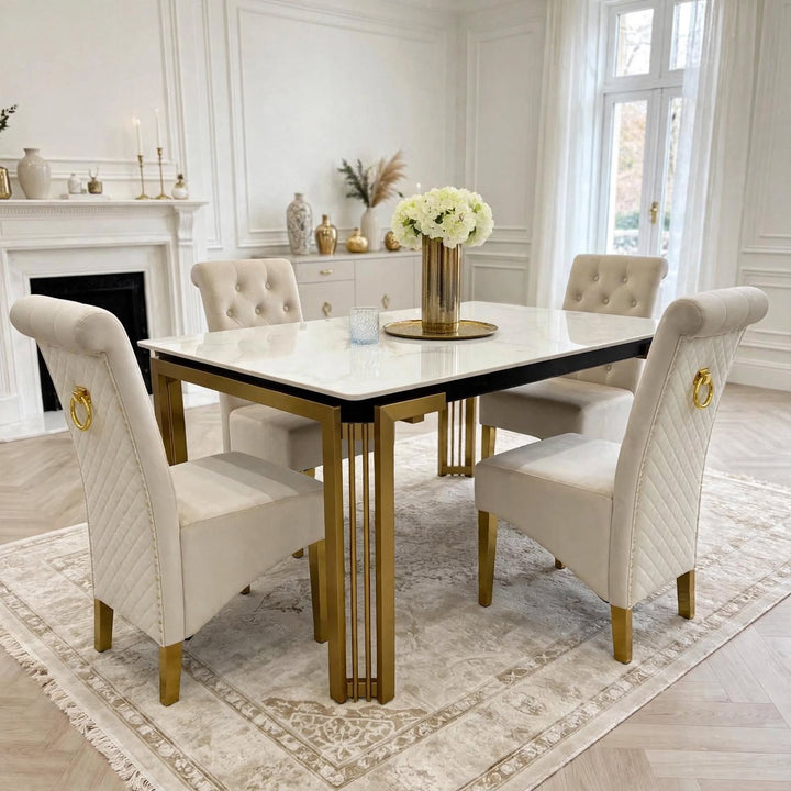 Sorrento White & Gold Marble Dining Table with Sofia Cream & Gold Velvet Dining Chairs