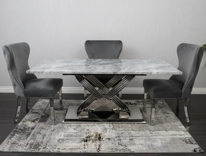 Rose 160cm Grey Marble Dining Table With Valentino Dark Grey Dining Chairs Lion Knocker