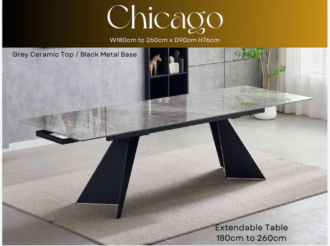 Chicago Extendable Dining Table 180–260cm Ceramic Grey Top with Black Legs – Seats 4 to 12
